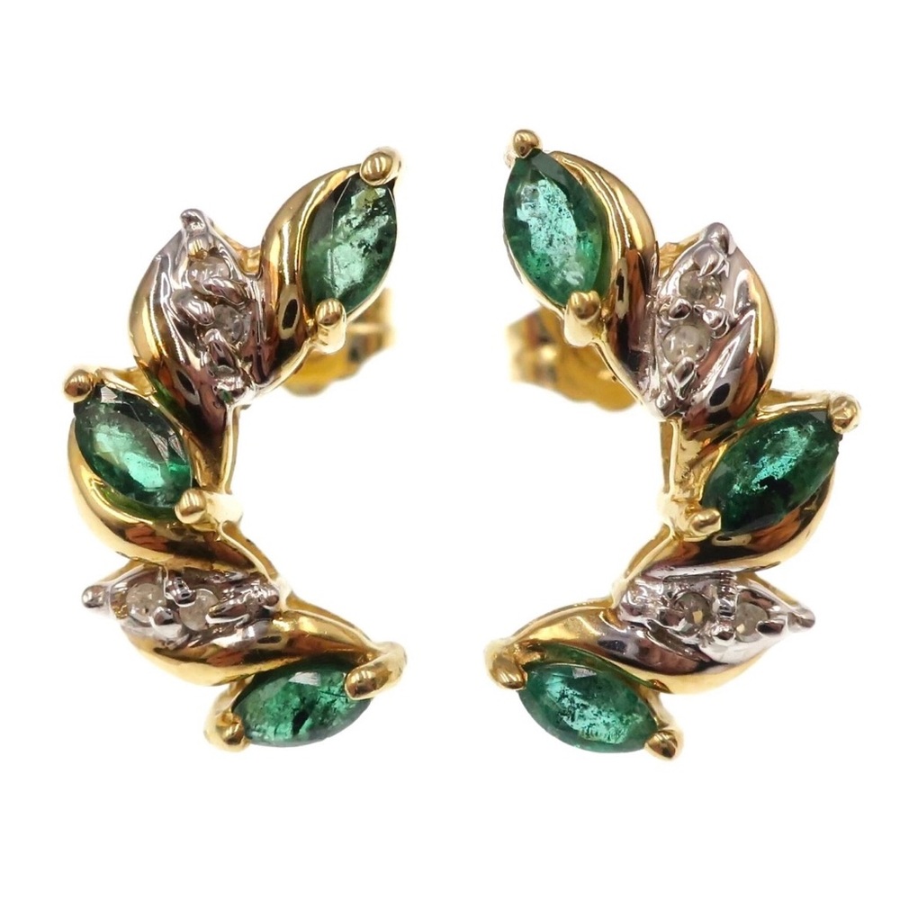 Vintage 10k Solid Gold Marquise Emerald and Diamond Crescent Stud Earrings